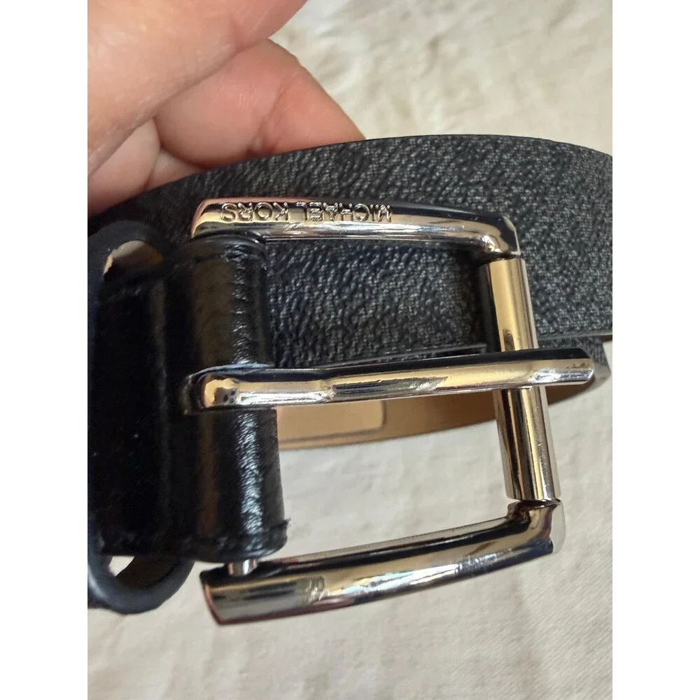 Michael Kors Mens MK Logo Belt Black Grey Buckle Synthetic Size L